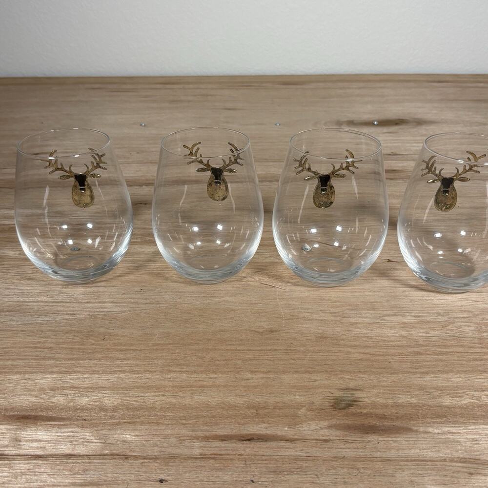 Brass Deer Embellished Stemless Wine Glasses 3D Buck~Set of 4 - Picture 3 of 7